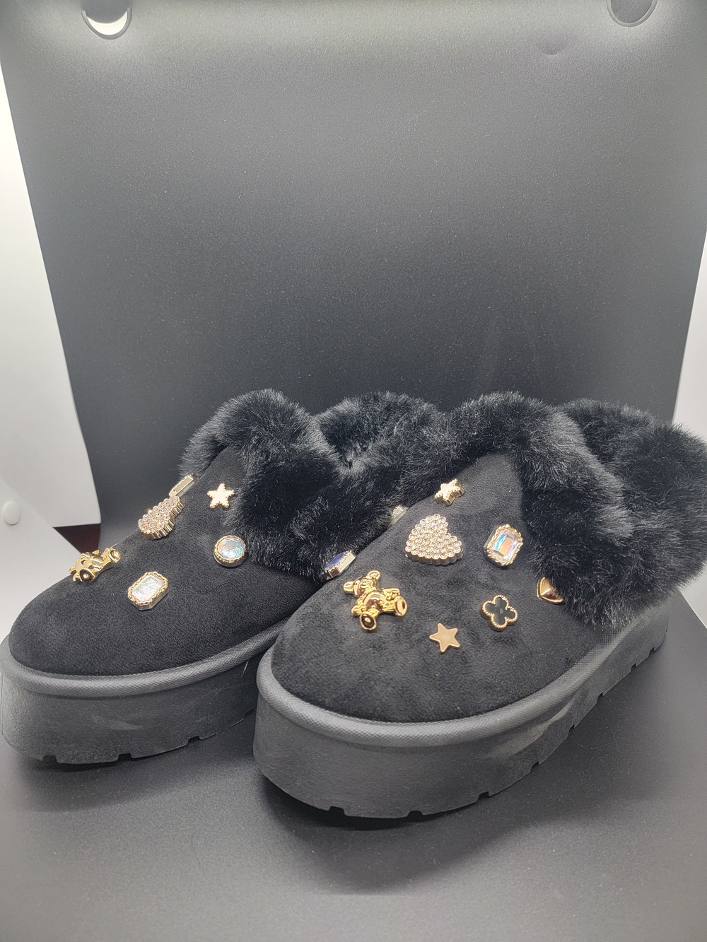 BAMBOO Black Faux Fur Jewel-Embellished Slip-On Mules